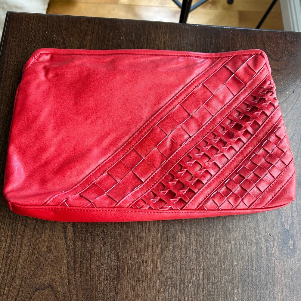 Vintage Korea made red leather woven clutch bag Large
